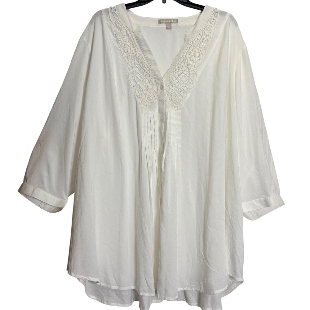 Woman Within Tunic Women 3X White Crochet Lace Pintuck V-Neck 3/4 Sleeve Top